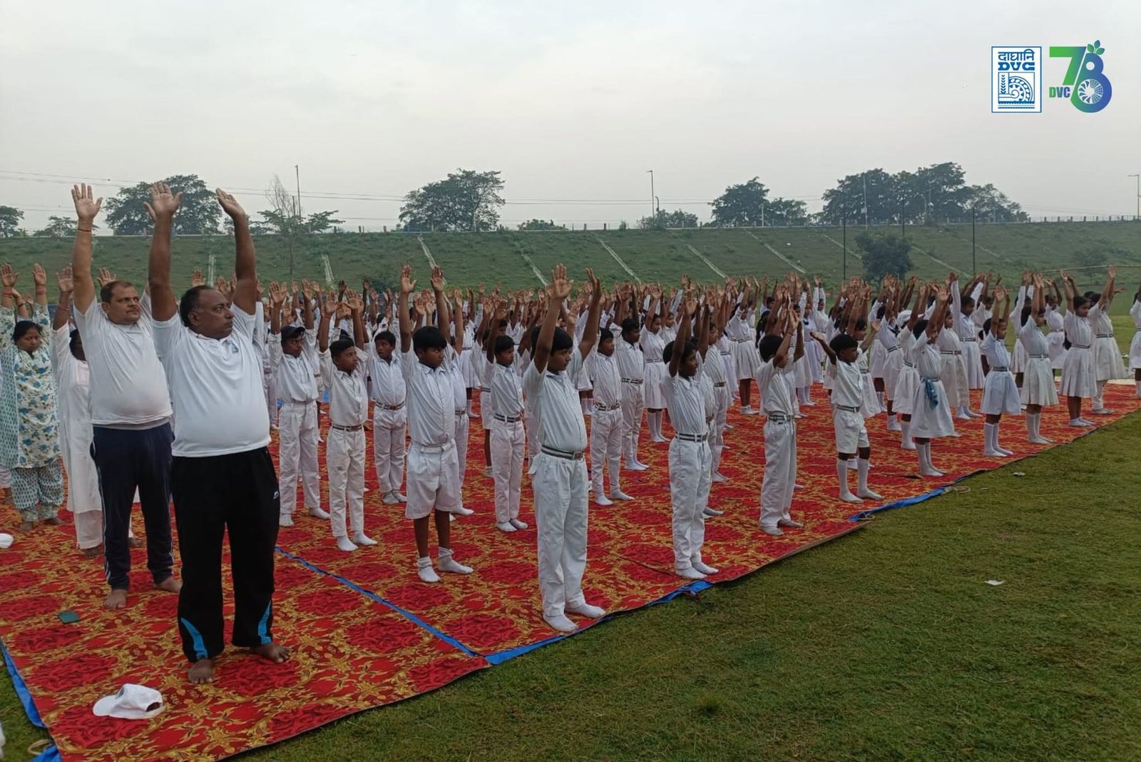 डीवीसी के DSTPS में योग दिवस: खुले मैदान में श्वेत वस्त्र पहने, हाथ ऊपर उठाए कर्मचारी और स्कूली बच्चे